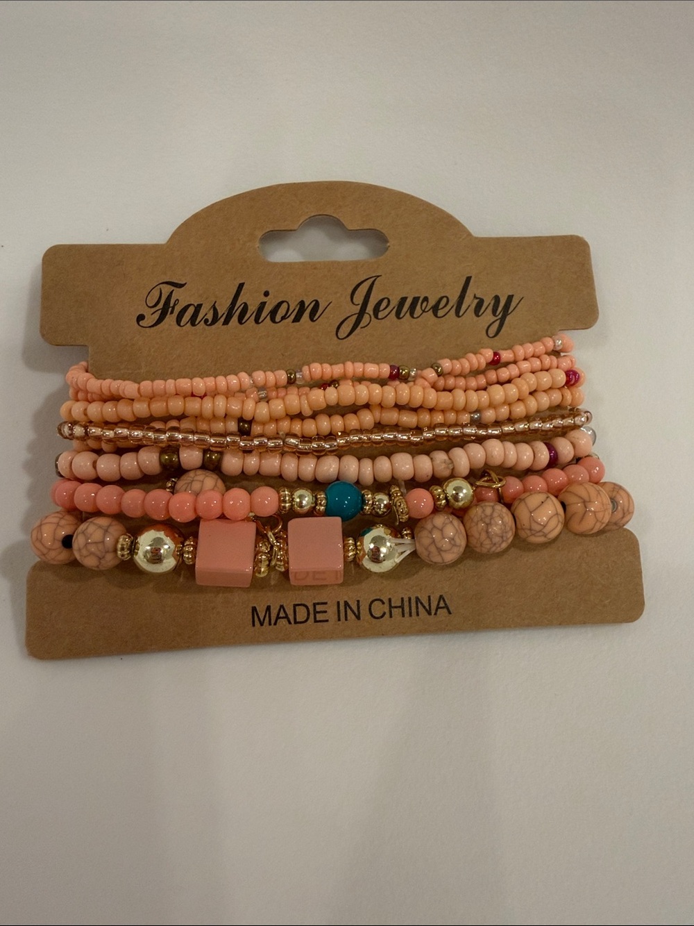 Fashion Jewelry Peach and Turquoise Stackable Beaded Bracelet Set